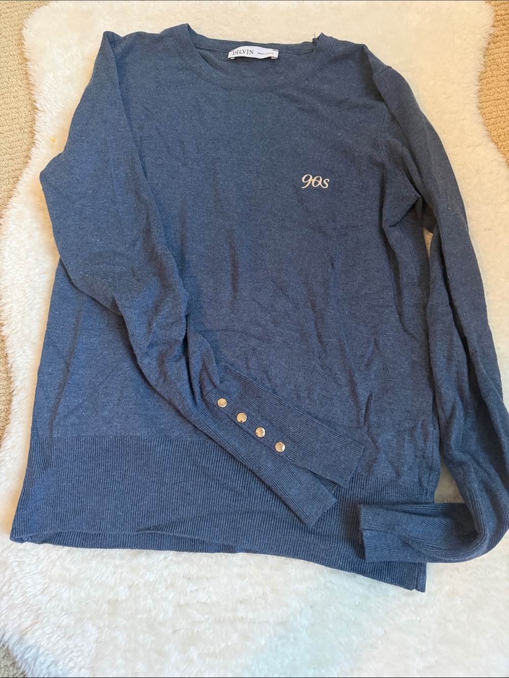 Women's Navy Crewneck Sweater with Button Cuff Detail